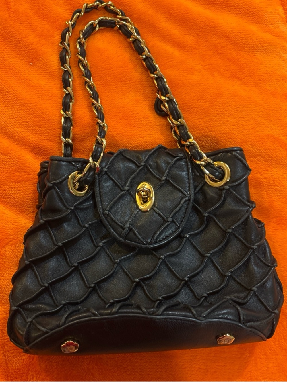 Eric Javits Black Quilted Shoulder Bag with Gold Chain
